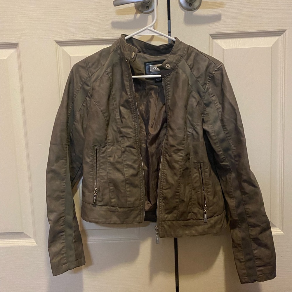army olive green leather pleather jacket with panels on sleeves